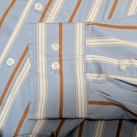 H&M Linen-Cotton Size L Men's Button Down Striped Blue Brown - Picture 4 of 6